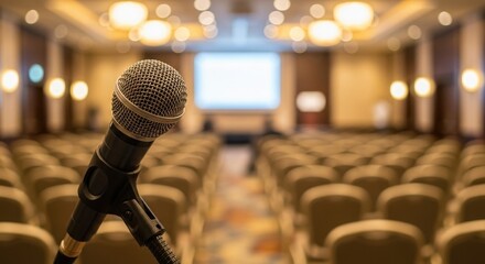 Close-up microphone in an empty conference hall for a presentation or public speaking event
