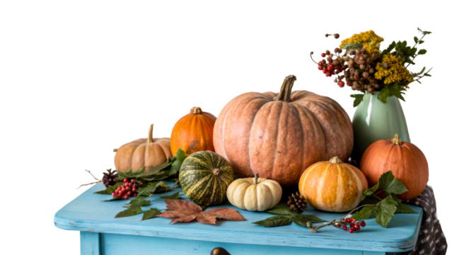 Autumn harvest display with pumpkins and flowers
