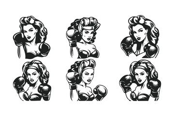 Vintage pin-up girl boxer illustration. Retro tattoo style drawing of a strong woman for gym logo, t-shirt design, or girl power emblem.