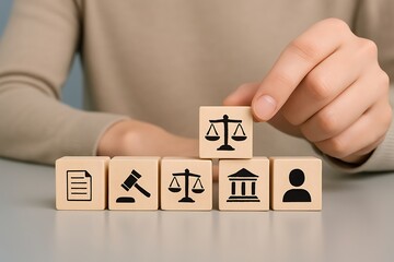 Naklejka premium Hand arranging wooden blocks with law and justice symbols representing legal principles and the importance of ethical judgment