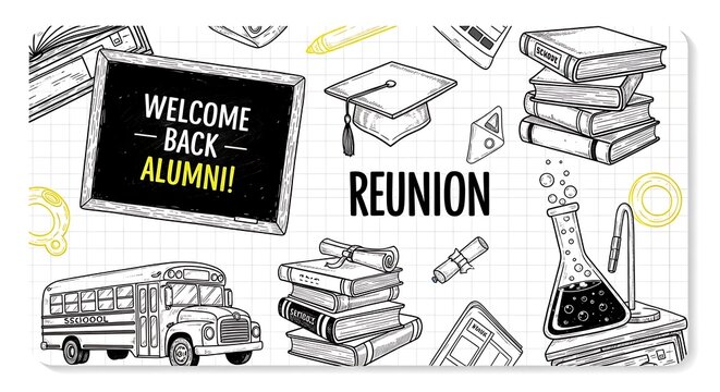 Welcome back alumni reunion themed doodle art with chalkboard and school bus illustration design