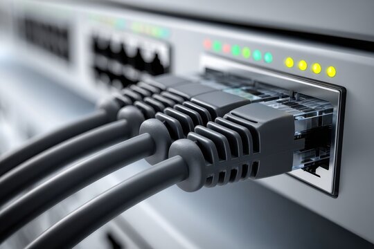 Close-up of network cables plugged into a server, with status lights illuminated, indicating active connection.