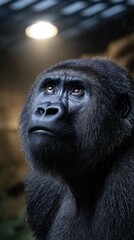 Fototapeta premium Captivating Gorilla Gazing Upward with Intelligent Expression Against Natural Background Highlighting Its Strength and Majesty in the Wild Animal Kingdom