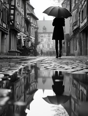 A person is holding an umbrella over their head to stay dry as they walk along cobblestone streets with reflections in puddles.