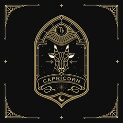  Capricorn zodiac sign astrology horoscope, tarot, fortune teller. gold Vintage mystical illustration outline hand drawing, magical esoteric horoscope template print and poster on black background