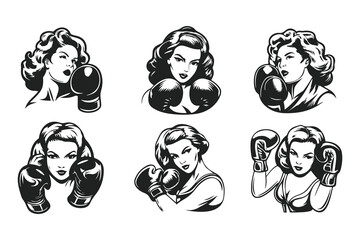 Vintage pin-up girl boxer illustration. Retro tattoo style drawing of a strong woman for gym logo, t-shirt design, or girl power emblem.