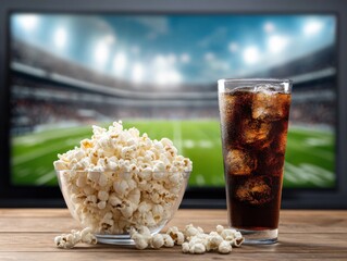 Popcorn and a cold drink sit on a table, a televised sporting event plays in the background, ready for game day enjoyment.