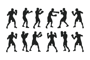 Obraz premium Set of boxer silhouettes in various fighting poses. Vector icons of a fighter for gym, combat sports logo, or fitness design.