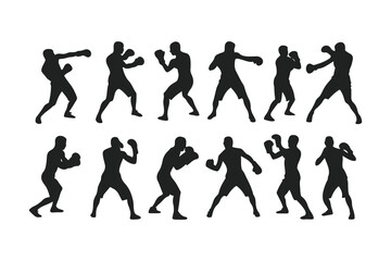 Set of boxer silhouettes in various fighting poses. Vector icons of a fighter for gym, combat sports logo, or fitness design.