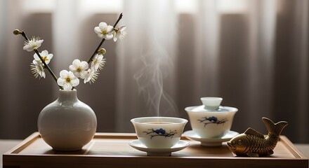 Fototapeta premium A serene tea ceremony setting with delicate white plum blossoms in a vase, steaming cups of tea, and a golden fish ornament on a wooden tray