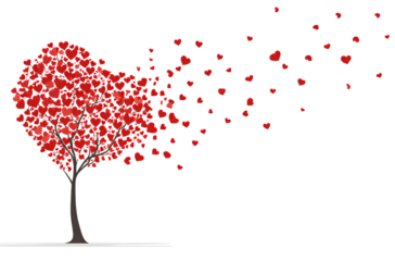 A A tree with red heart-shaped leaves, with hearts floating away from the branches on a white background clipart.v