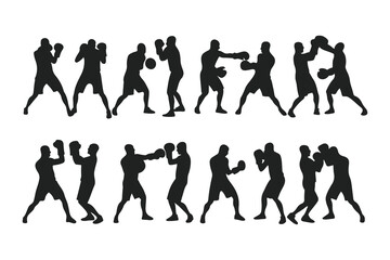 Set of boxer silhouettes in various fighting poses. Vector icons of a fighter for gym, combat sports logo, or fitness design.