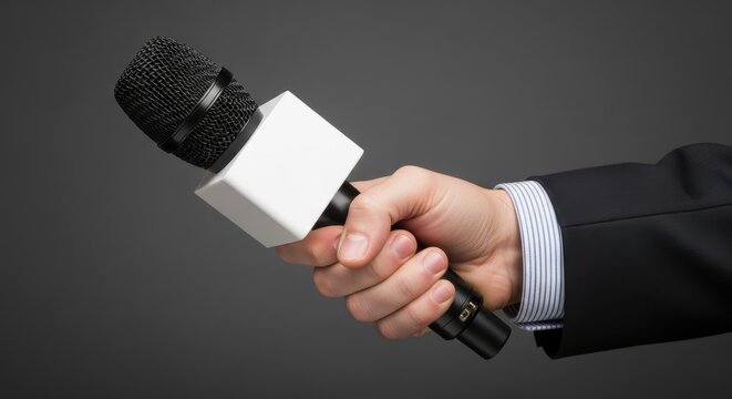Reporter or journalist holding a microphone with a blank white box for an interview