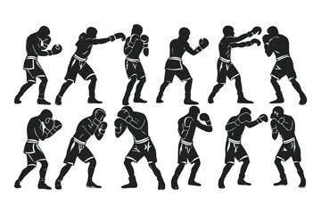 Set of boxer silhouettes in various fighting poses. Vector icons of a fighter for gym, combat sports logo, or fitness design.