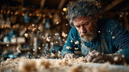 Focused woodworker in workshop, sawdust swirling