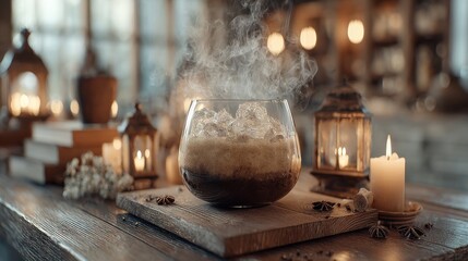Coffee sample with visible steam trails, cozy ambiance 