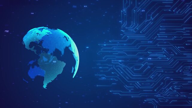Rotating digital globe icon alongside glowing circuit data grid creates futuristic tech visual. footage supports AI, blockchain, global network, cybersecurity, metaverse, virtual systems content. - Powered by Adobe