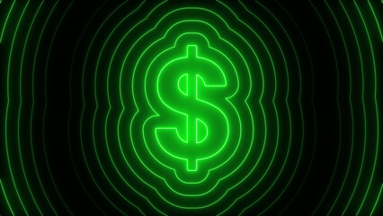Bright Neon Green Dollar Symbol with Futuristic Concentric Shapes on Black Background. Vibrant Finance, Money, Banking, Economy, and Cryptocurrency Abstract Concept Art