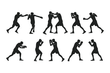 Obraz premium Set of boxer silhouettes in various fighting poses. Vector icons of a fighter for gym, combat sports logo, or fitness design.