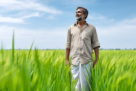 Happy rural Indian farmer in a crop field background