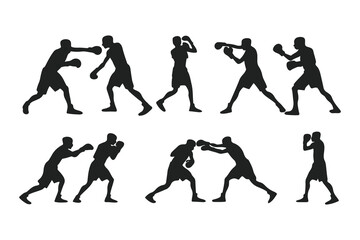 Set of boxer silhouettes in various fighting poses. Vector icons of a fighter for gym, combat sports logo, or fitness design.