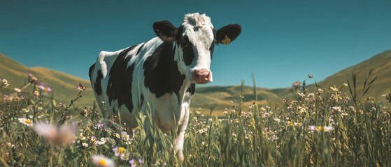 The cow in a vibrant meadow surrounded by blooming wildflowers and hills.
