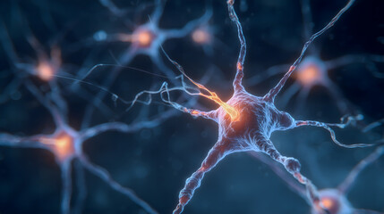 Brain cells, showing signs of activity in the central region with neurons firing and connecting to each other.