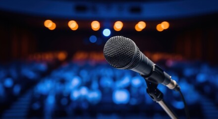 Microphone on stage with bokeh lights in front of a blurred audience
