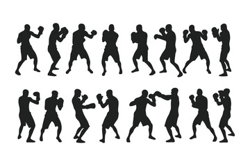 Set of boxer silhouettes in various fighting poses. Vector icons of a fighter for gym, combat sports logo, or fitness design.