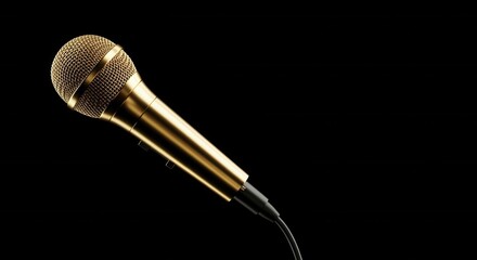 Professional gold microphone for singing or broadcast interview isolated on black background