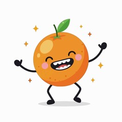 A happy cartoon orange character with a big smile, dancing with joy and surrounded by sparkles. Cute vector fruit mascot illustration.