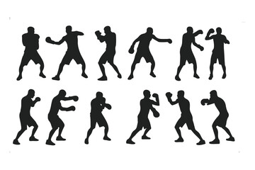 Set of boxer silhouettes in various fighting poses. Vector icons of a fighter for gym, combat sports logo, or fitness design.