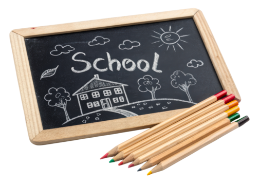 School chalkboard with colorful pencils beside it