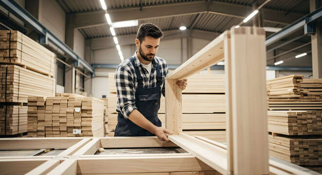 A skilled woodworker diligently assembling a wooden frame in a busy lumber workshop. - Powered by Adobe