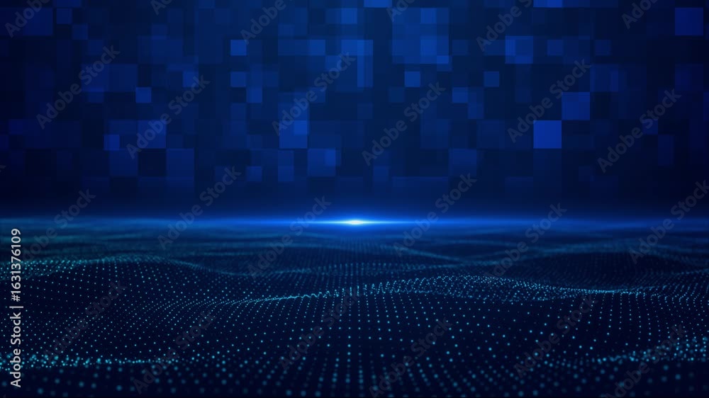 Wall mural animated digital waves glowing blue against grid background built pixel patches. use of futuristic s
