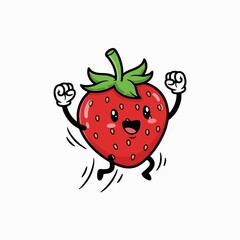 A cute and happy cartoon strawberry character jumping with joy, an adorable and energetic fruit mascot illustration isolated on a white background.