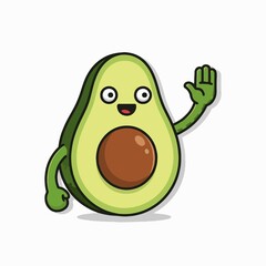 A cute and friendly cartoon avocado character waving hello with a happy smile. Adorable healthy food mascot illustration.
