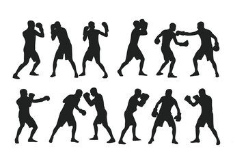 Set of boxer silhouettes in various fighting poses. Vector icons of a fighter for gym, combat sports logo, or fitness design.