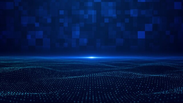 Animated digital waves glowing blue against grid background built pixel patches. Use of futuristic surface pulses conveys data flow, virtual energy, AI, blockchain, high-tech communication network.