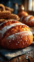 Freshly baked artisan bread resting on a linen cloth in a warm, rustic kitchen setting during the golden hour