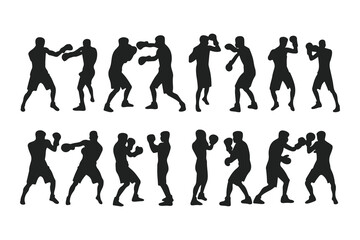 Set of boxer silhouettes in various fighting poses. Vector icons of a fighter for gym, combat sports logo, or fitness design.