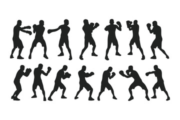 Set of boxer silhouettes in various fighting poses. Vector icons of a fighter for gym, combat sports logo, or fitness design.