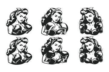 Vintage pin-up girl boxer illustration. Retro tattoo style drawing of a strong woman for gym logo, t-shirt design, or girl power emblem.