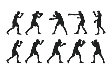 Set of boxer silhouettes in various fighting poses. Vector icons of a fighter for gym, combat sports logo, or fitness design.