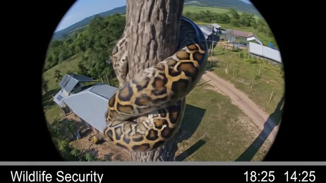 Python climbing on tree trunk on countryside surveillance perspective with wildlife security cam