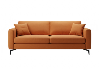 Modern orange fabric sofa with two cushions, isolated on transparent background