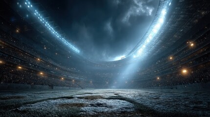 Stadium lights illuminate empty field in anticipation of exciting sporting event at night