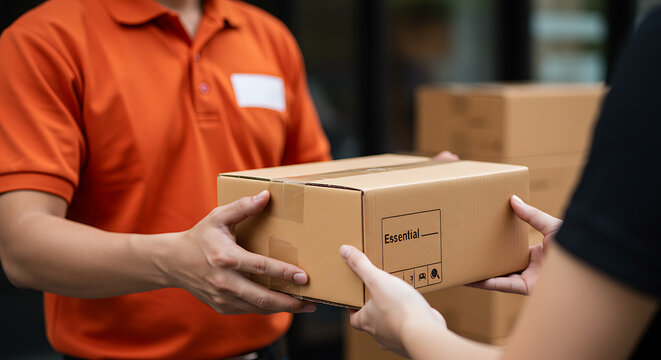 Courier delivering package to a customer, close-up of hands exchanging a parcel box, efficient shipping and logistics service