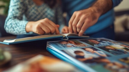 Family time: A couple looks through photo albums at home with happy memories