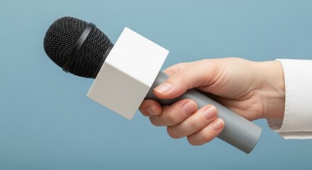 Hand holding a reporter microphone with a blank white mic flag on a blue background